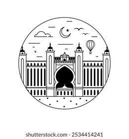 Travel Emirates circle icon with islamic palace inspired by famous architectural monument Mandarin hotel in Abu Dhabi. Famous landmark of UAE.