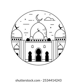 Travel Emirates circle icon with islamic mosque inspired by Sheikh Zayed Grand Mosque architectural monument in Abu Dhabi. Famous landmark of UAE.