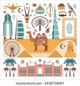 Colección de elementos de diseño de los Emiratos de viajes con famosos símbolos, edificios y camellos de Dubai en el desierto. Tarjeta de Emiratos Árabes Unidos para imprimir con monumentos turísticos, animales, comida árabe y monumentos arquitectónicos.