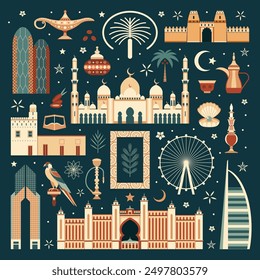 Travel Emirates design elements collection with Dubai and Abu Dhabi famous symbols and buildings. Arabic night card print with UAE tourist landmarks, animals, arabic food and architectural monuments.