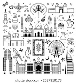 Travel Emirates design elements collection with Dubai and Abu Dhabi famous symbols and buildings in line art. Arabic card print with UAE landmarks, animals, arabic food and architectural monuments.