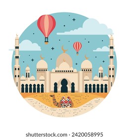 Travel Emirates icon with abstract arabic mosque architectural monument and decorated camel in desert. Middle East vacation scene with UAE landmark.