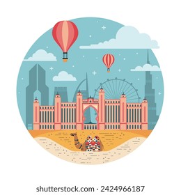 Travel Emirates print with famous architectural landmarks and camel in a desert. Hot air balloons flying over popular Dubai attractions and decorated camel lying in the sand dunes.