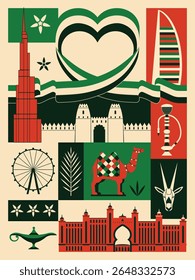 Travel Emirates square icons poster with famous UAE symbols. Vintage design greeting card with tourist attractions. Postcard or print with national flag, iconic symbols and architectural monuments.