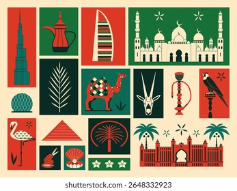 Travel Emirates square icons poster with famous UAE symbols. Vintage design greeting card with iconic tourist attractions. Postcard or print with animals, national symbols and architectural monuments.
