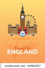 Travel to England. Airplane with Attractions. Travel vector banners. Flat style
