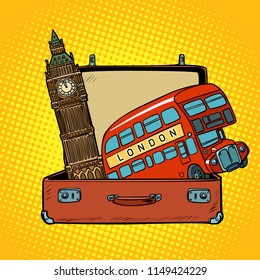 Travel to England concept. Suitcase with London sights. Comic cartoon pop art retro vector illustration drawing