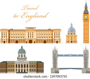 Travel to England. Landmarks, building, attractions of London, Great Britain, United Kingdom. Museum, Big Ben, Buckingham Palaces, University of Oxford vector illustration