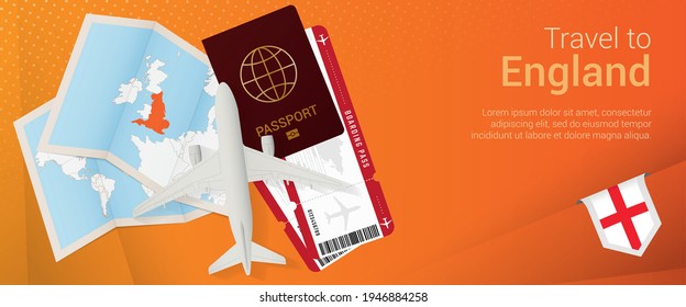 Travel to England pop-under banner. Trip banner with passport, tickets, airplane, boarding pass, map and flag of England. Vector template.