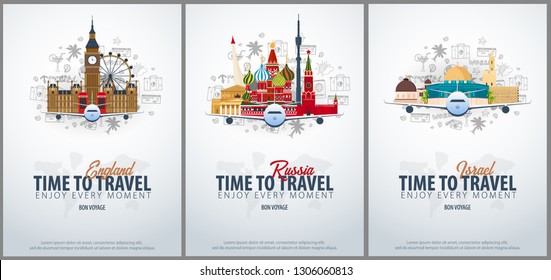 Travel to England, Russia and Israel. Time to Travel. Banner with airplane and hand-draw doodles on the background. Vector Illustration