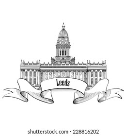 Travel England sign. Leeds Rathaus, UK, Great Britain. English city famous building. Vector label isolated.