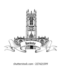 Travel England sign. Manchester cathedral, UK, Great Britain. English city famous building. Vector label isolated.