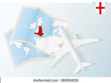 Travel to England, top view airplane with map and flag of England. Travel and tourism banner design.