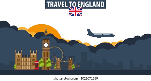 Travel to England. Travel and Tourism banner. Clouds and sun with airplane on the background