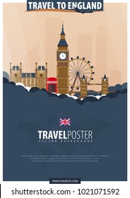 Travel to England. Travel and Tourism poster. Vector flat illustration