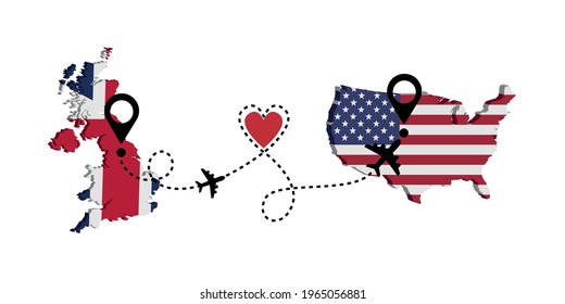 Travel from England to Usa by passenger plane. Airplane route. Freedom to travel. I love traveling by plane.