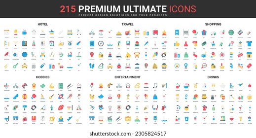 Travel, entertainment event and shopping, bar drinks color flat icons set vector illustration. Abstract symbols of retail shop and hotel hospitality, hobby simple design for mobile and web apps