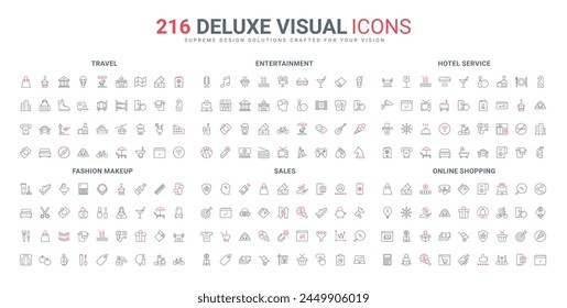 Travel and entertainment, hotel line icons set. beauty cosmetics and perfume, fashion makeup and sales in online shop, museum and airport ticket thin black and red outline symbols vector illustration