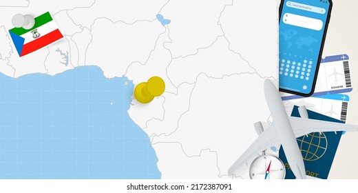 Reisen Sie nach Äquatorialguinea Konzept, Karte mit Pin auf der Karte Äquatorialguineas. Reisevorbereitung Karte, Flagge, Reisepass und Tickets. Vektorgrafik in flachem Design.