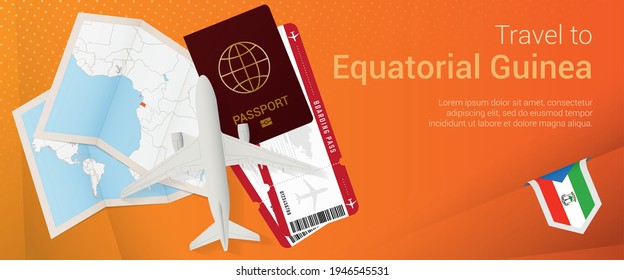 Travel to Equatorial Guinea pop-under banner. Trip banner with passport, tickets, airplane, boarding pass, map and flag of Equatorial Guinea. Vector template.