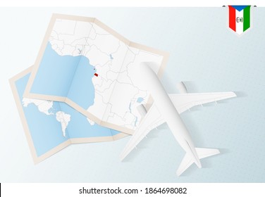 Travel to Equatorial Guinea, top view airplane with map and flag of Equatorial Guinea. Travel and tourism banner design.
