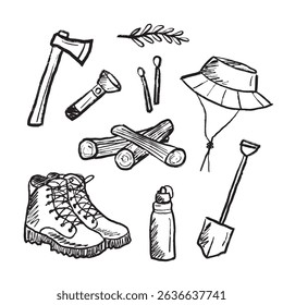 Travel equipment for camping, hiking in black brush stroke texture isolated on white. Hand drawn vector sketch illustration in vintage charcoal ink. Trekking boots, thermos, panama hat, matches.