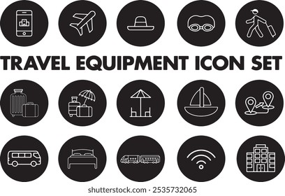 travel equipment icon set silhouette. Camping, Camp, Travel, Fire, Light Infographic Simple Vector Illustration Logo. Hiking icons set. travel equipment raster collection