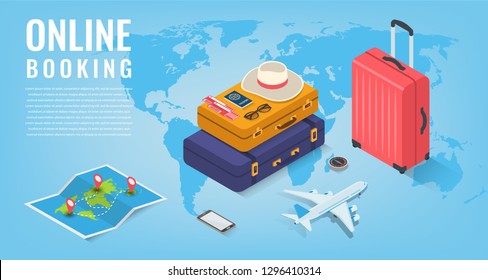 Travel equipment in Isometric style. Travel and tourism concept. Vector illustration