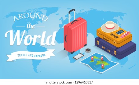 Travel equipment in Isometric style. Travel and tourism concept. Vector illustration