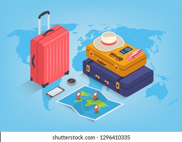 Travel equipment in Isometric style. Travel and tourism concept. Vector illustration