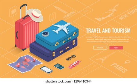 Travel equipment in Isometric style. Travel and tourism concept. Vector illustration