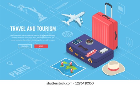 Travel equipment in Isometric style. Travel and tourism concept. Vector illustration