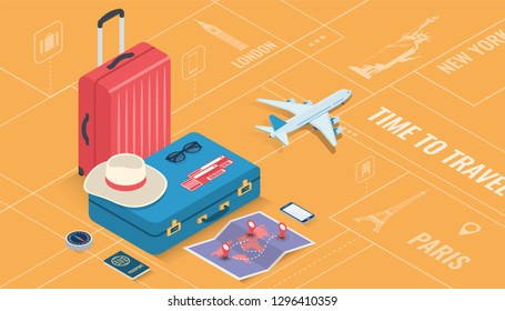 Travel equipment in Isometric style. Travel and tourism concept. Vector illustration