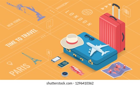 Travel equipment in Isometric style. Travel and tourism concept. Vector illustration