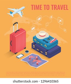 Travel equipment in Isometric style. Travel and tourism concept. Vector illustration