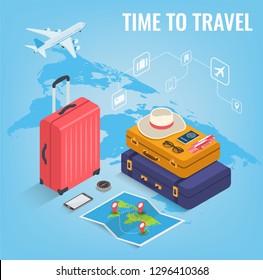 Travel equipment in Isometric style. Travel and tourism concept. Vector illustration