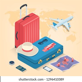 Travel equipment in Isometric style. Travel and tourism concept. Vector illustration