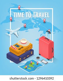 Travel equipment in Isometric style. Travel and tourism concept. Vector illustration