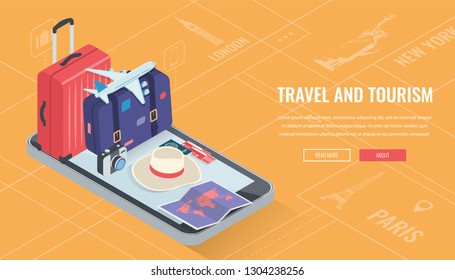 Travel equipment in Isometric style. Travel and tourism concept. Vector illustration