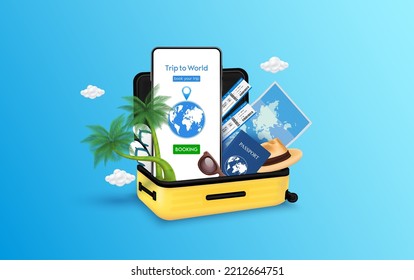 Travel equipment in luggage yellow and touch screen smartphone. Booking plane ticket for app online on mobile. Can for making advertising media about tourism. Travel transport concept. 3D Vector.