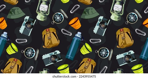 Travel equipment vector seamless pattern