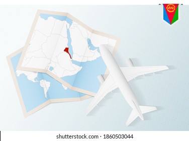 Travel to Eritrea, top view airplane with map and flag of Eritrea. Travel and tourism banner design.