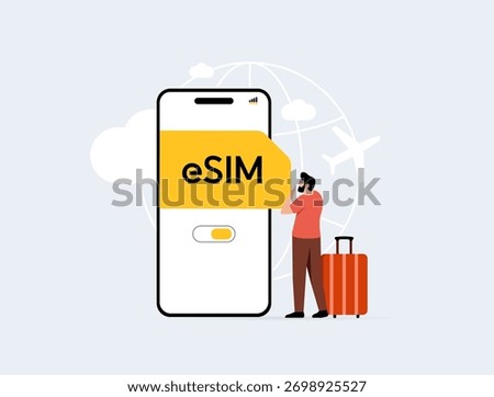 Travel eSIM technology - global connectivity without physical SIM cards. Travel e-sim enabling easy activation, flexible data plans, reliable internet access for travelers worldwide illustration