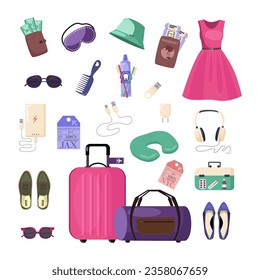 Travel essentials or accessories vector illustrations set. Collection of drawings of suitcase, bags, clothes, chargers, toothbrush, passport, boarding pass. Traveling, tourism, accessories concept