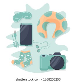 Travel essentials for airplane. Important things for comfortable journey. Graphic illustration in vector design. Socks, phone, earphones, pillow, camera. Trip, adventure concept