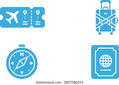Travel Essentials Airplane Ticket, Compass, Suitcase, and Passport on White Background