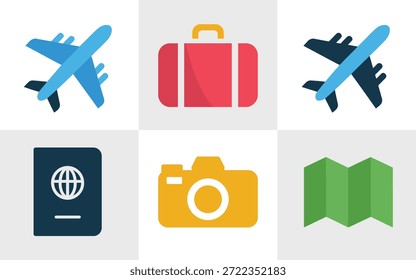 Wesentliche Reisen Kamera Flugzeug Icons Vector