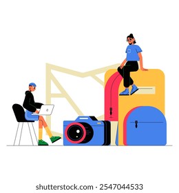 Viajar Essenciais Com Câmera E Mochilas Em Ilustração De Vetor Plano Simbolizando Aventura, Exploração E Viagens Ao Ar Livre, Isolado Em Fundo Branco.