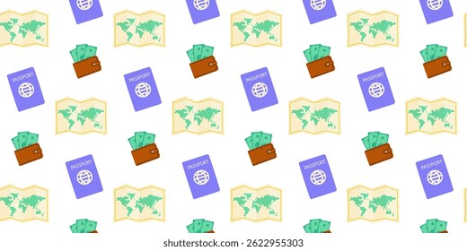 Travel essentials displayed with maps, money, and passports arranged in a colorful pattern
