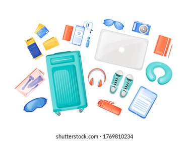 Travel essentials flat color vector objects set. Carry on bag. Gadgets and headphones. Freelancer journey equipment. Flight checklist. 2D isolated cartoon illustration on white background